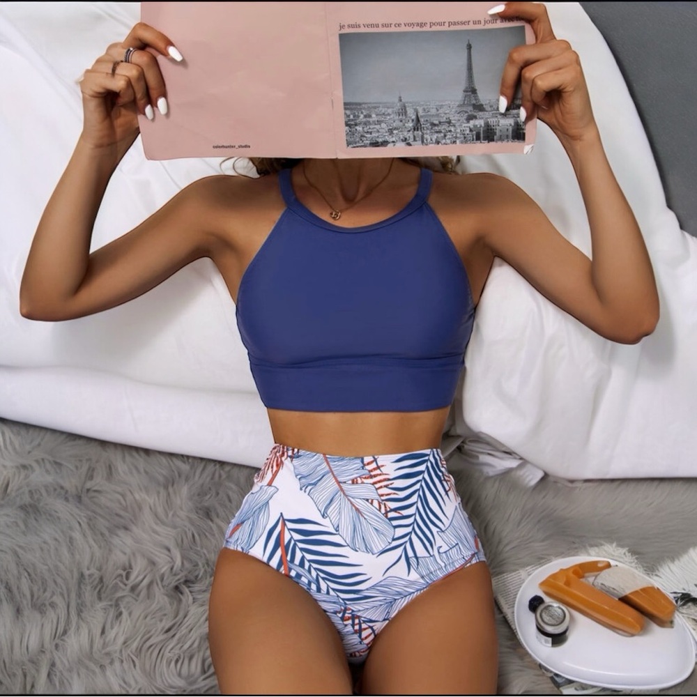 Blue Tropical Print Back Split Color Block High Waisted Swimsuit